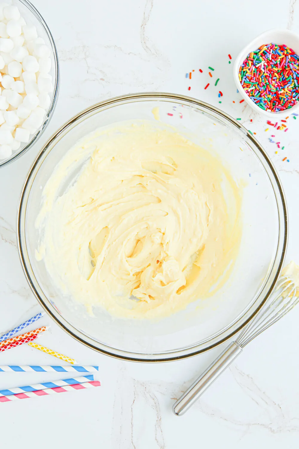 Vanilla pudding in a mixing bowl. 