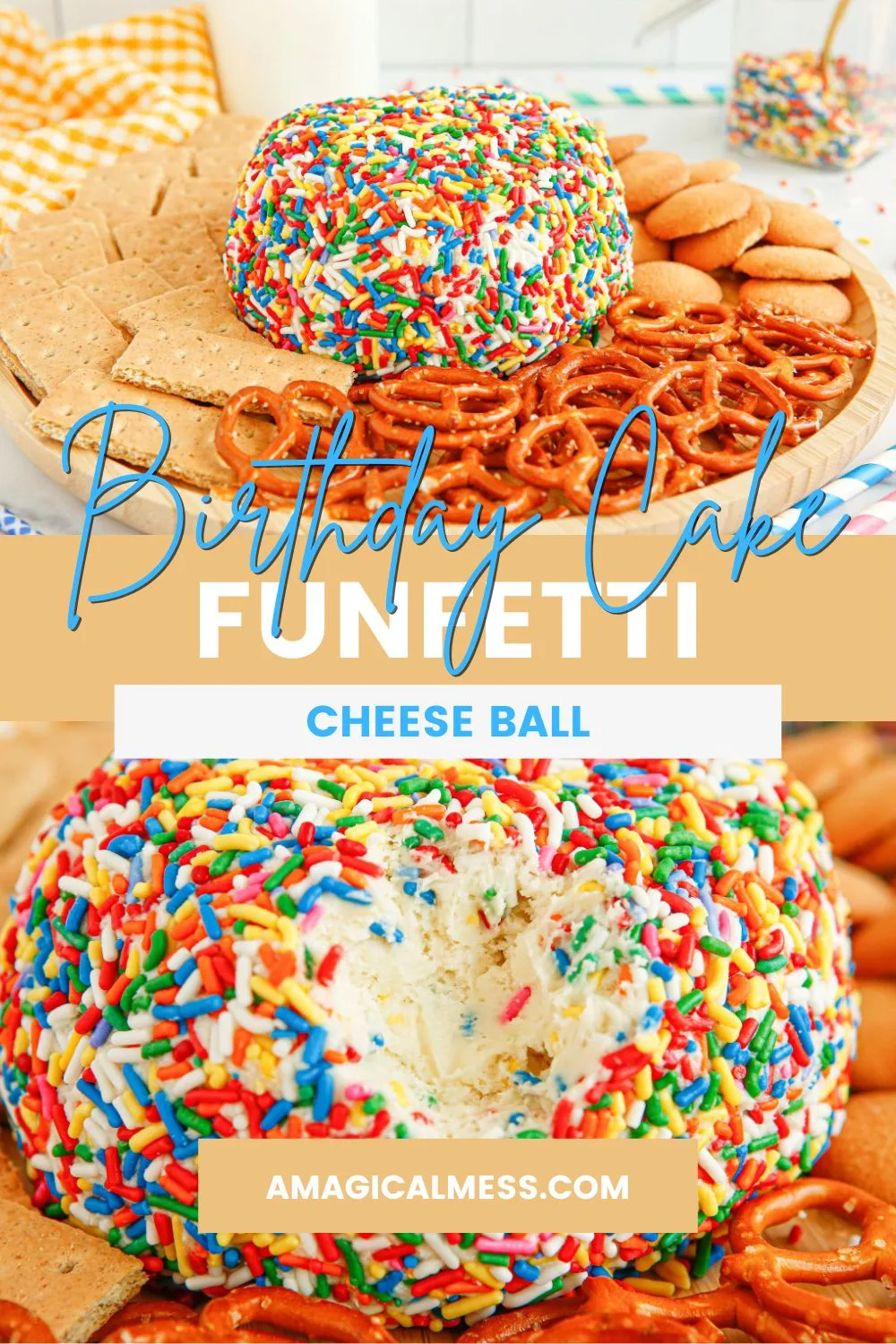 Funfetti cheese ball with pretzels, graham crackers, and cookies for dipping.
