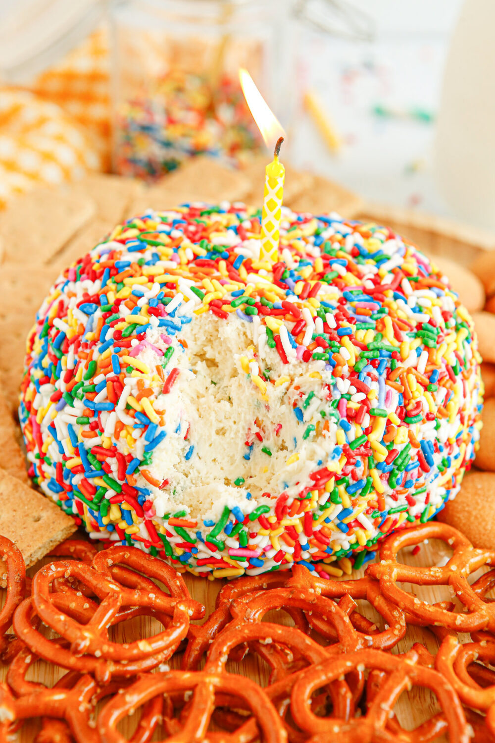 Funfetti cheese ball dip with a birthday candle in it. 
