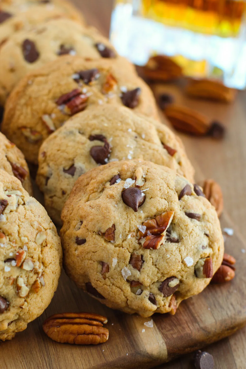 Rows of chocolate chip pecan cookies.