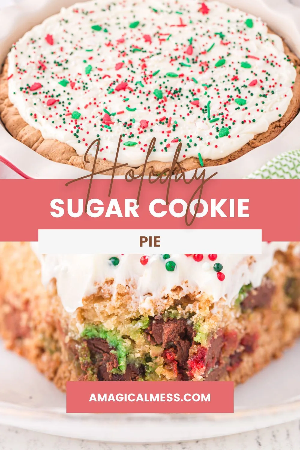 Sugar cookie pie and a bite taken out showing the holiday M&M candies.