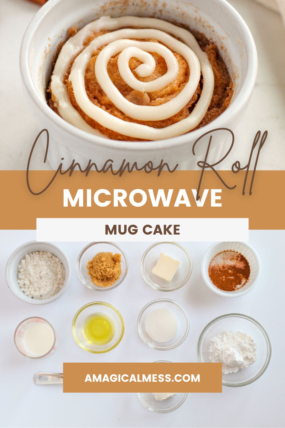 Cinnamon roll cake in a dish and ingredients in bowls under it.