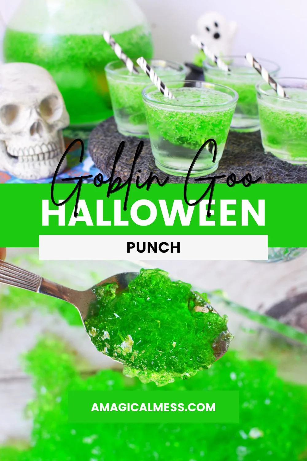 Green Halloween punch drinks next to a skull and spoonful of green jello. 