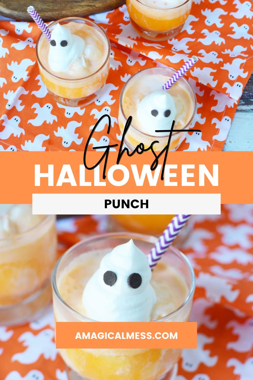 Cups with orange punch topped with spooky ghosts for Halloween. 