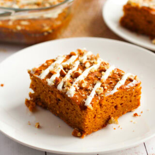 Pumpkin snack cake bar with white chocolate drizzle.