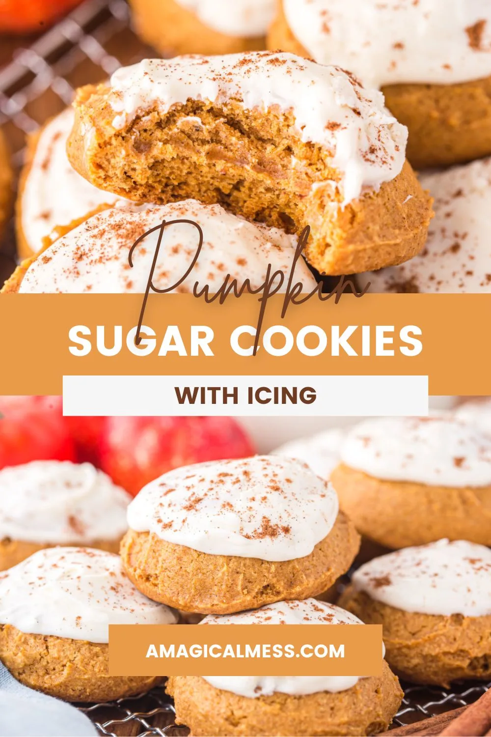 Pumpkin sugar cookies with icing in a pile. 