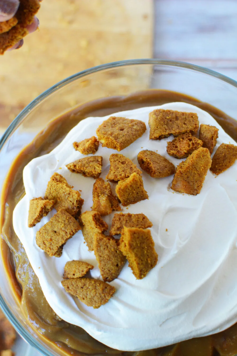 Top of a pumpkin spice latte trifle with crushed cookies on top. 