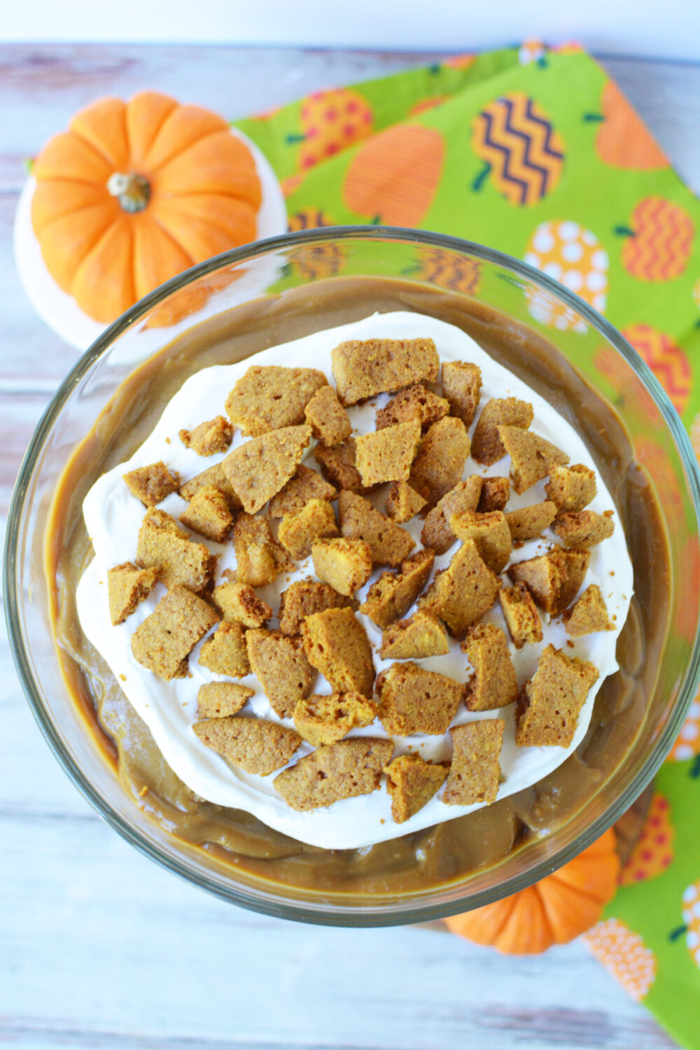 Top of a pumpkin pie spice trifle in a bowl. 