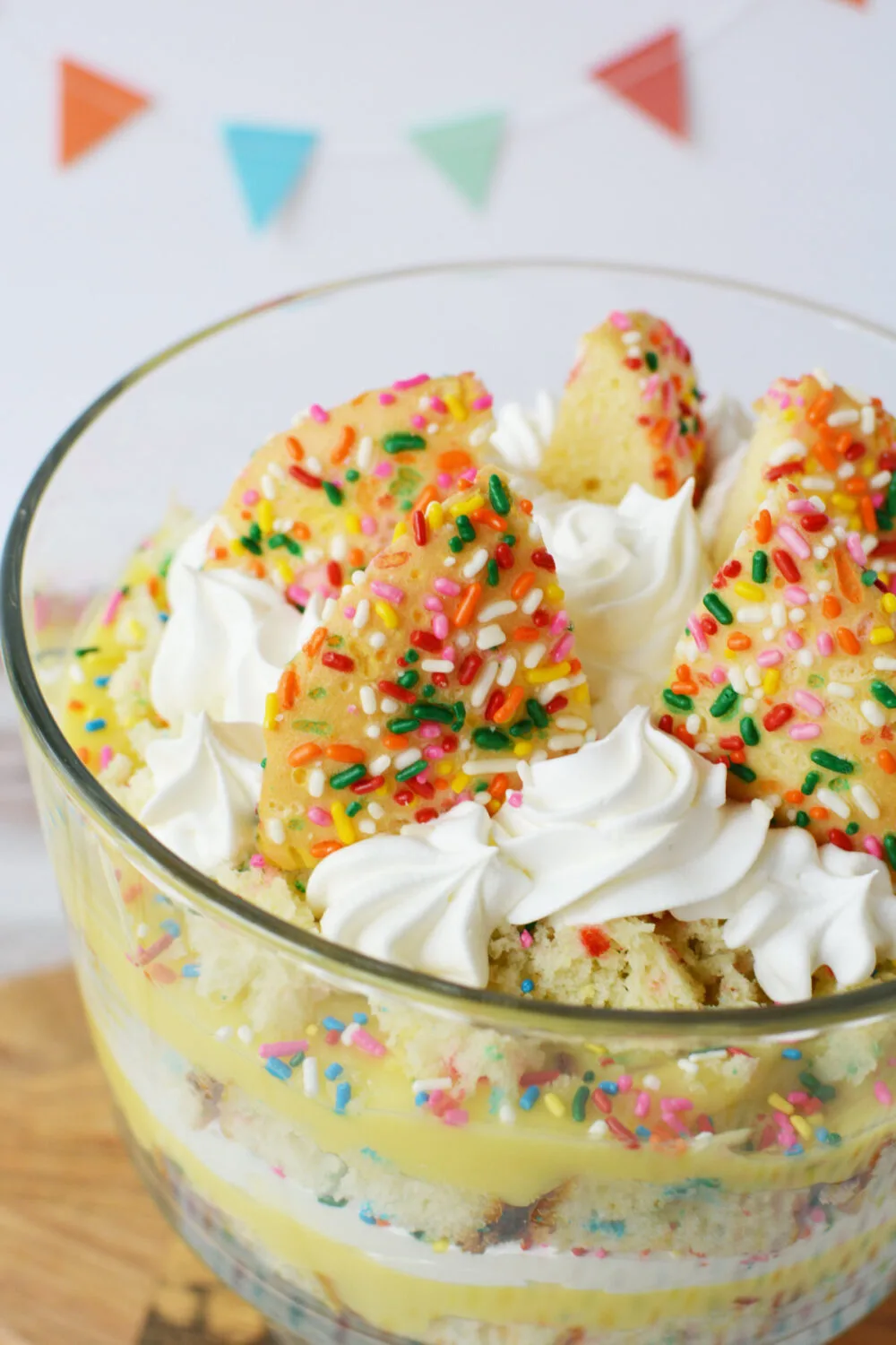 Funfetti birthday trifle with cookies and whipped cream. 