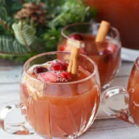 Clear glass of punch with cranberries and cinnamon sticks with holiday decor on the table.
