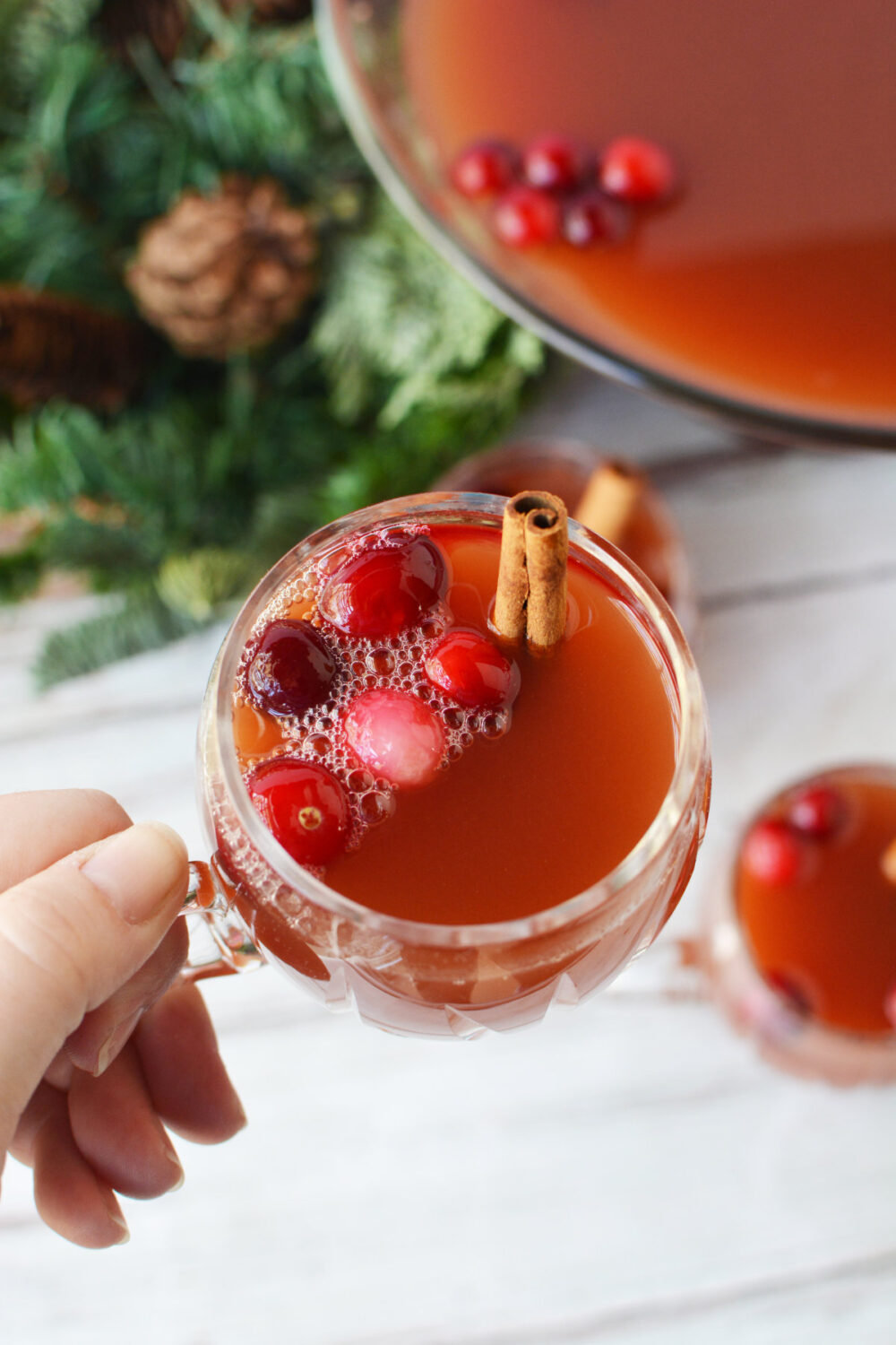 Holding a glass of red punch with cranberries and cinnamon sticks. 