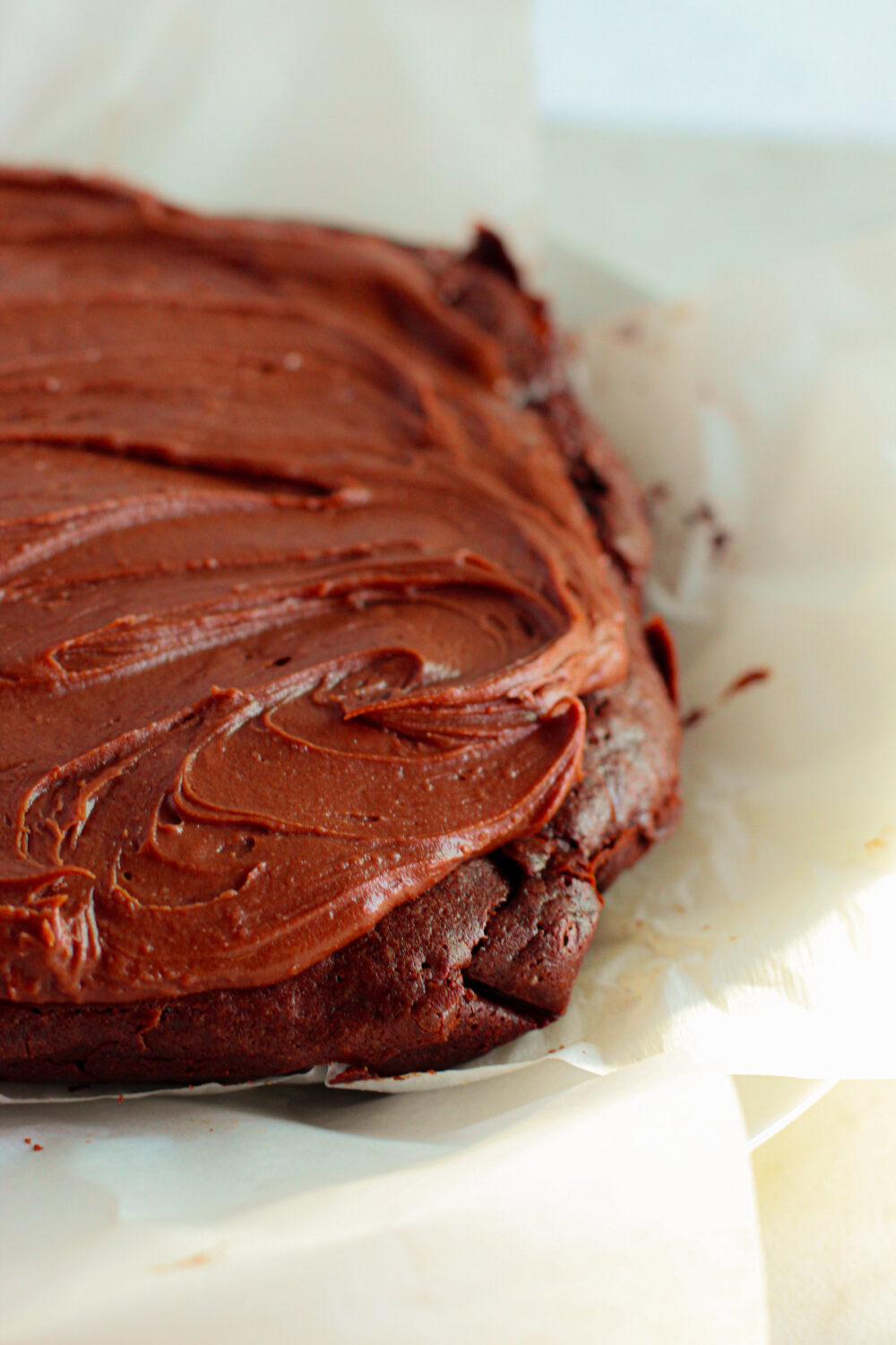 Chocolate frosting on brownies. 
