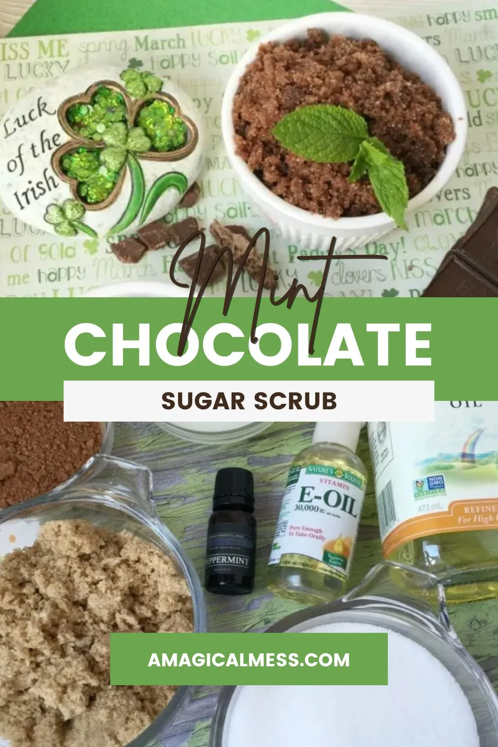 Chocolate sugar scrub ingredients and the scrub in a bowl next to a green pin. 
