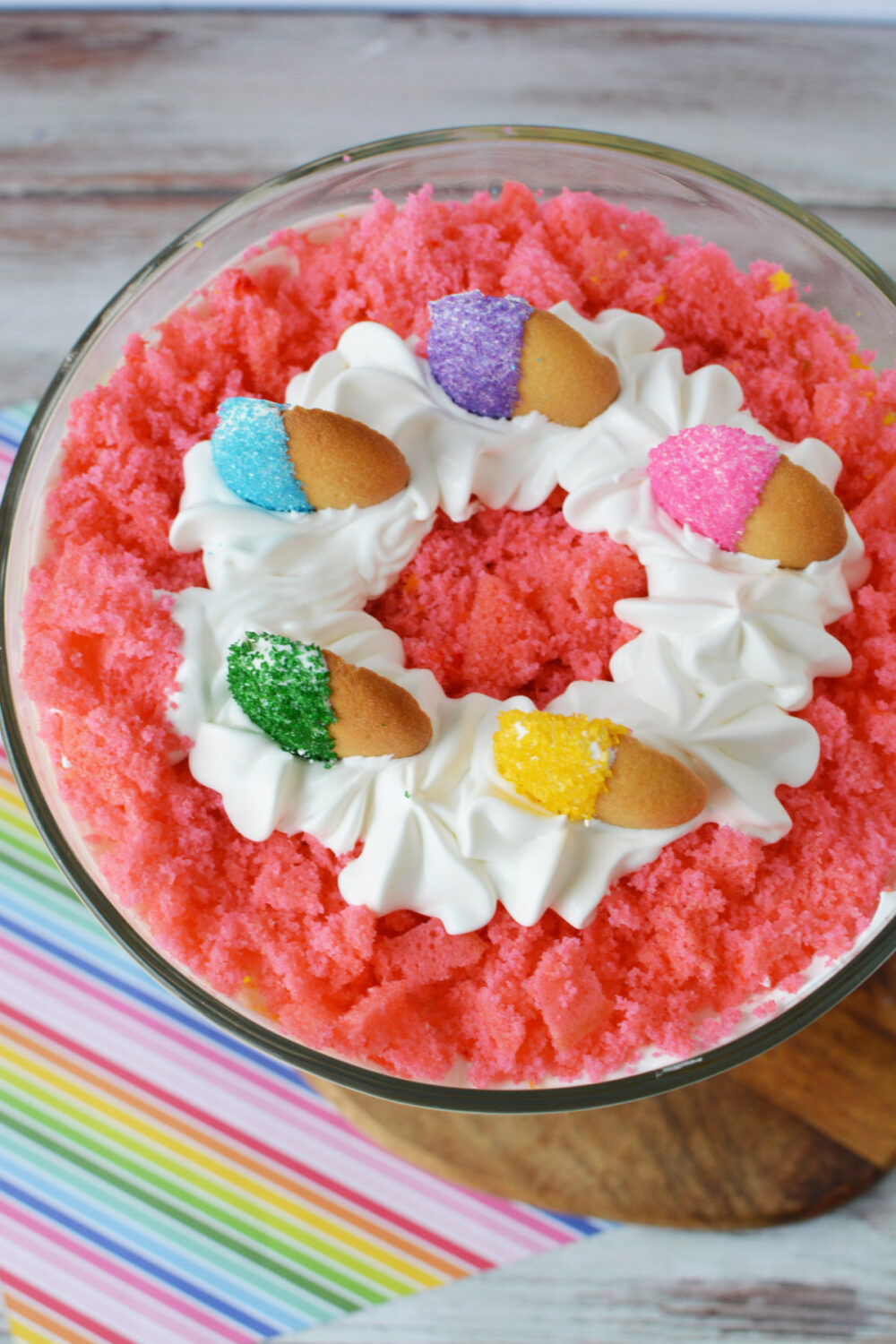 The top of a rainbow trifle. 