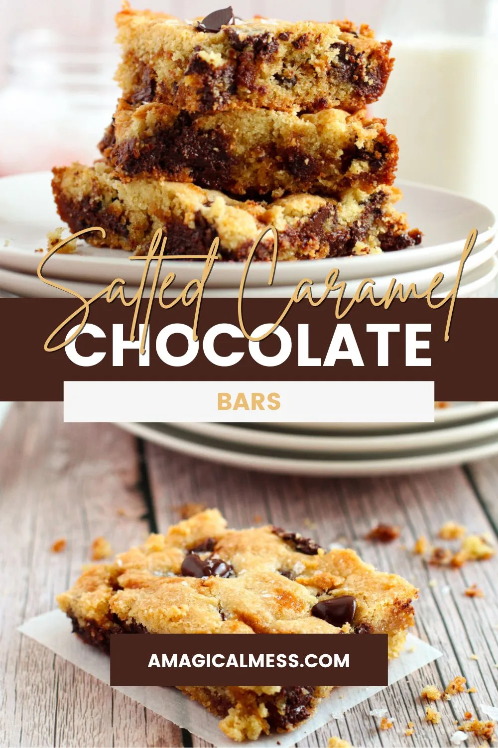 Salted caramel chocolate chip cookie bars stacked on a plate.
