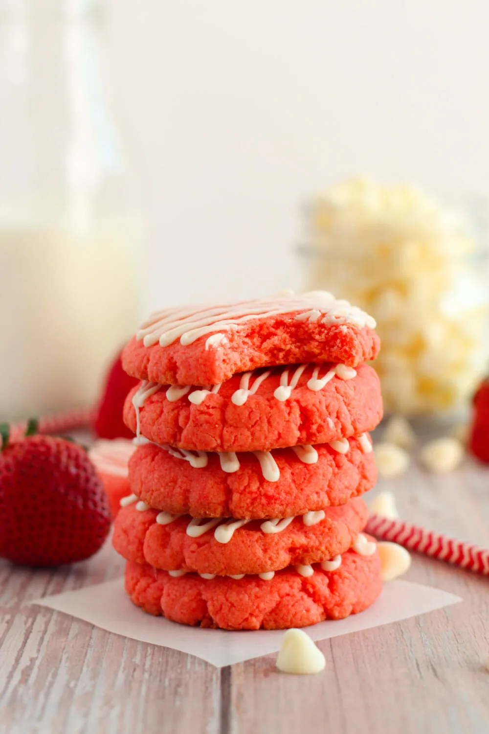 Strawberry cookies stacked. 