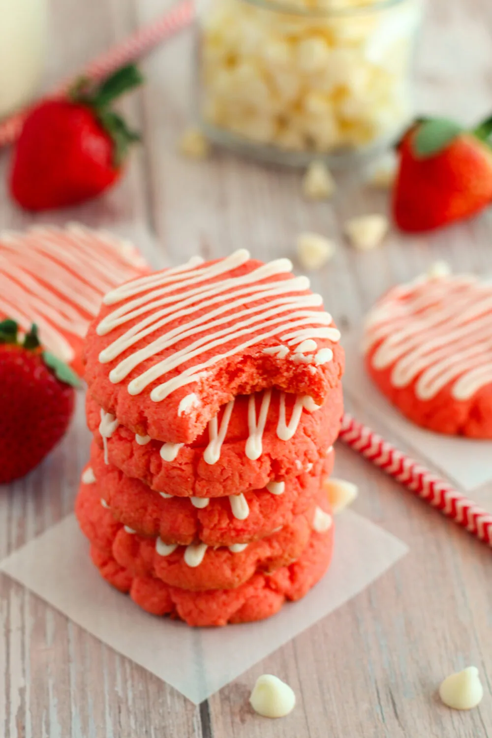 A stack of strawberry cake mix cookies. 