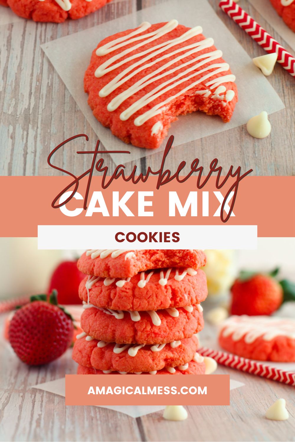 Strawberry cookies with a white chocolate drizzle.