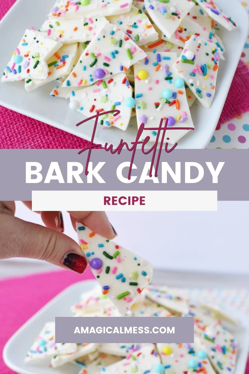 Funfetti bark candy pieces on a plate and one being held in a hand.