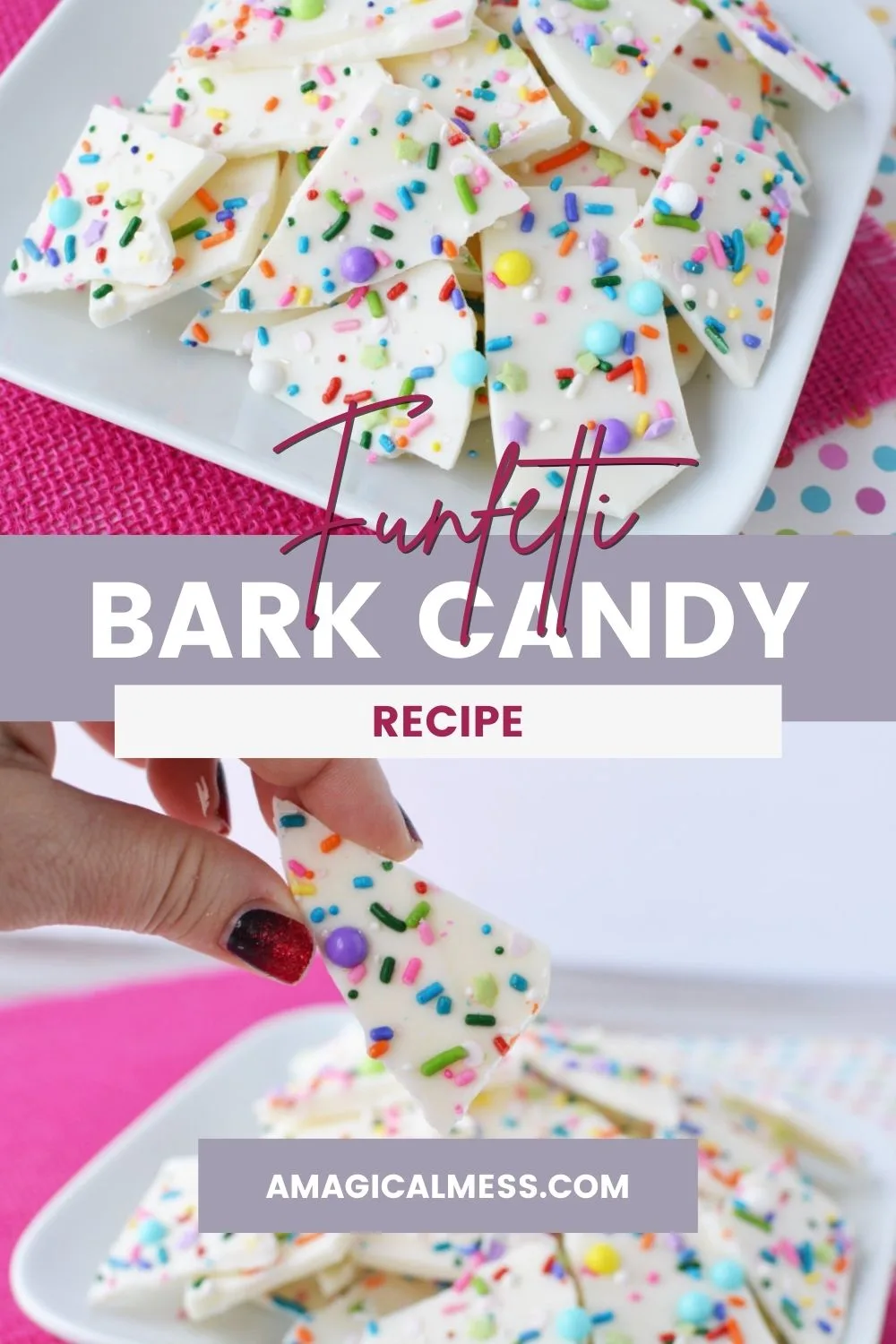 Funfetti bark candy pieces on a plate and one being held in a hand. 