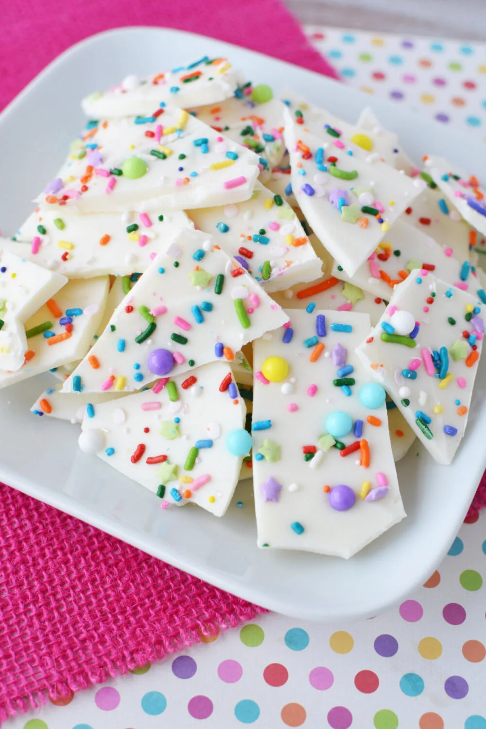 Plate of funfetti bark candy. 