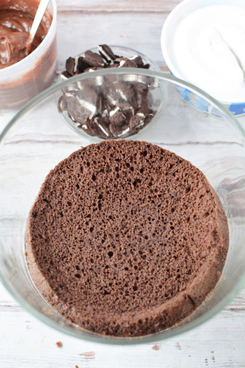 Chocolate cake in a trifle dish.