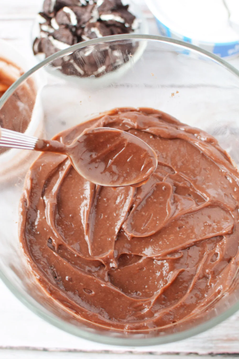 Chocolate pudding in a trifle bowl.