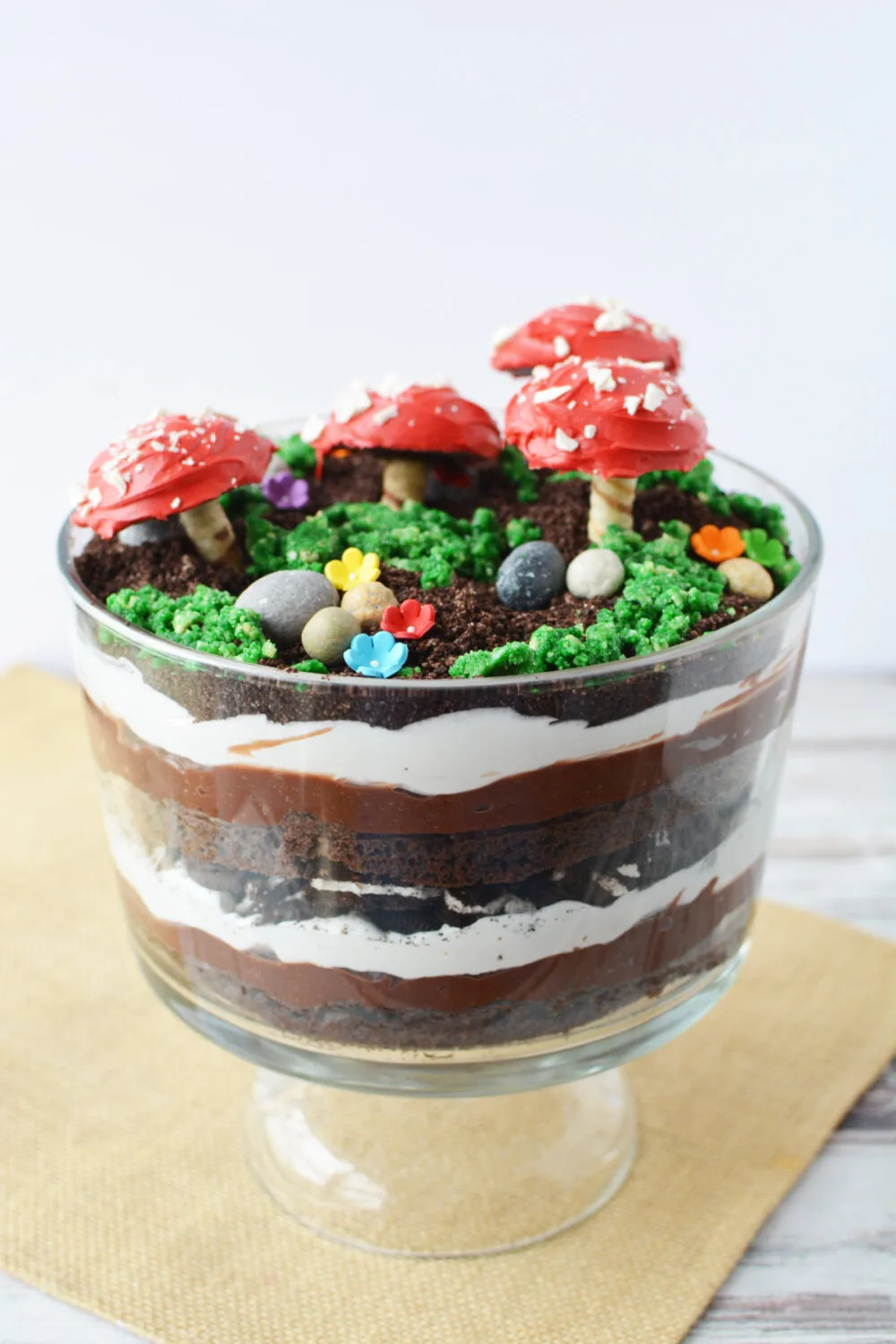 Fairy toadstool trifle in a bowl. 