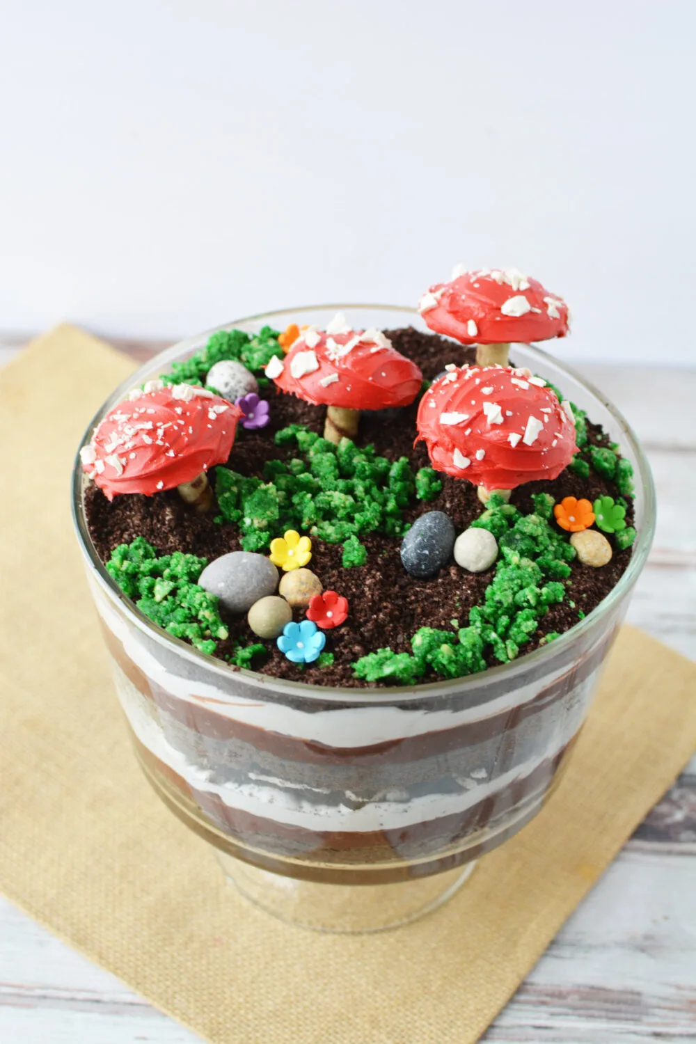 Top of a woodland mushroom trifle with cookie toadstools. 