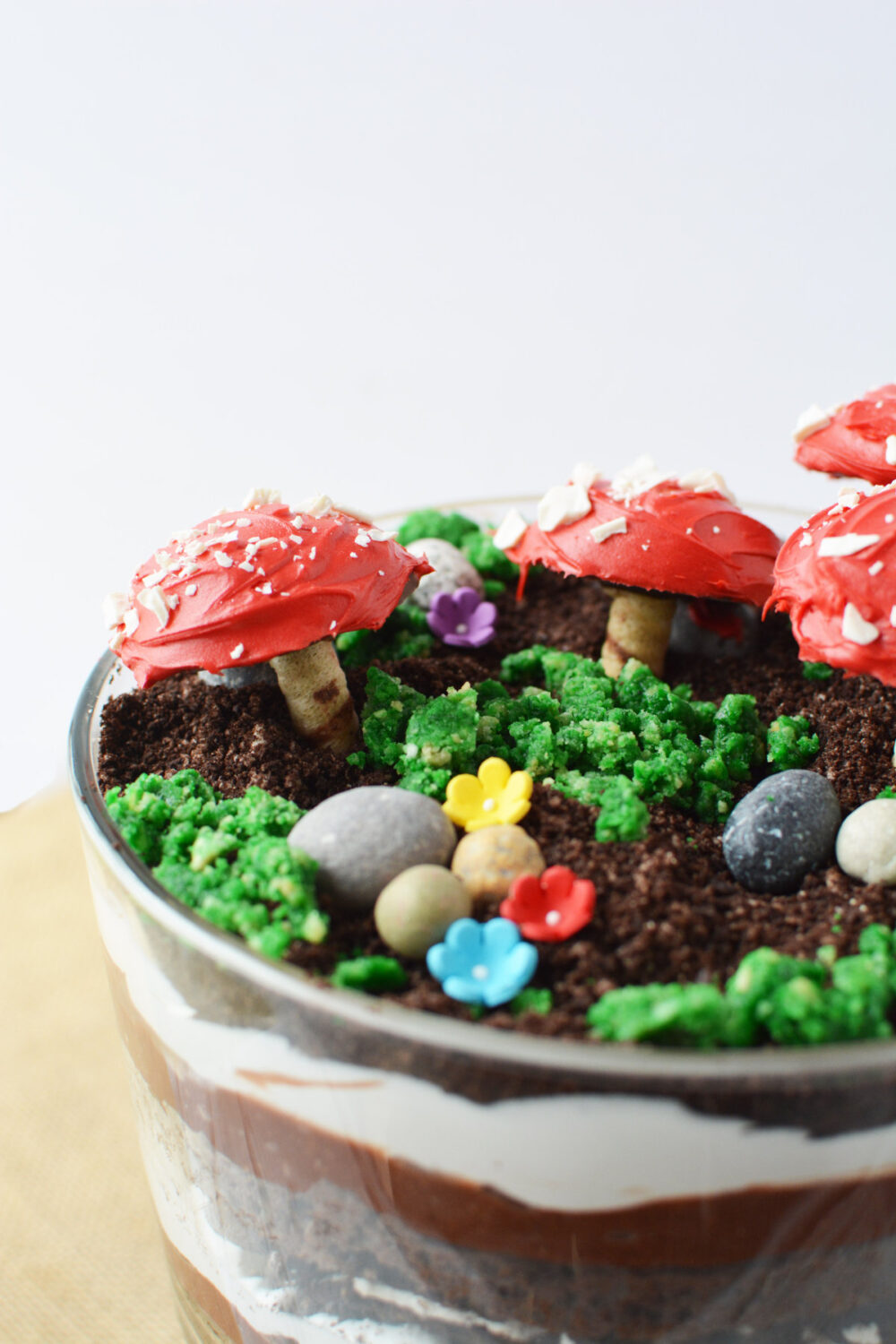 Woodland fairy trifle with edible flowers, moss, and toadstools. 