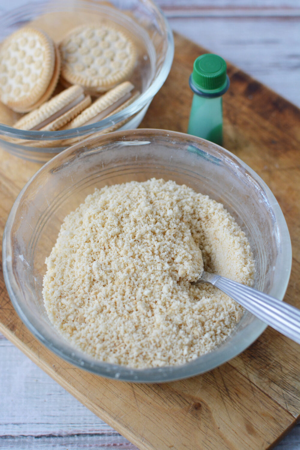 Finely crushed vanilla cookies in a bowl.