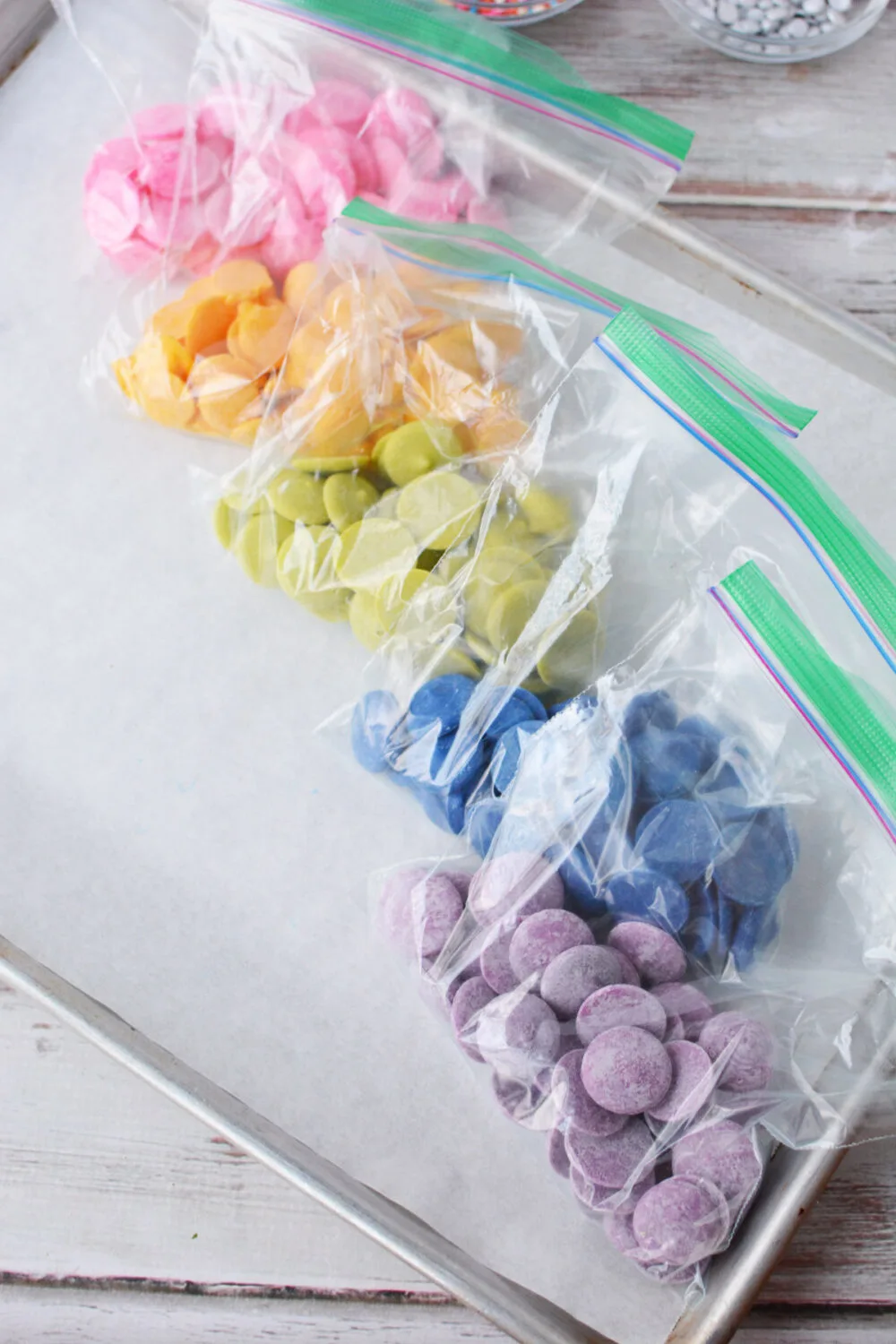 Bags of candy melts in a rainbow of colors. 