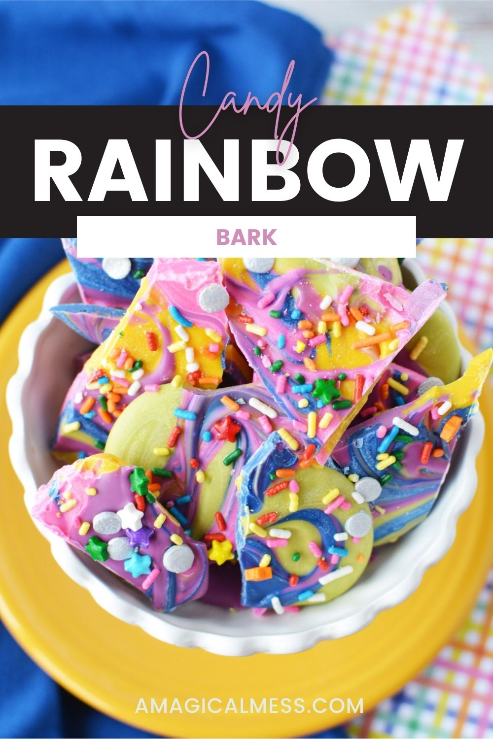 Bowl of pieces of rainbow bark candy. 