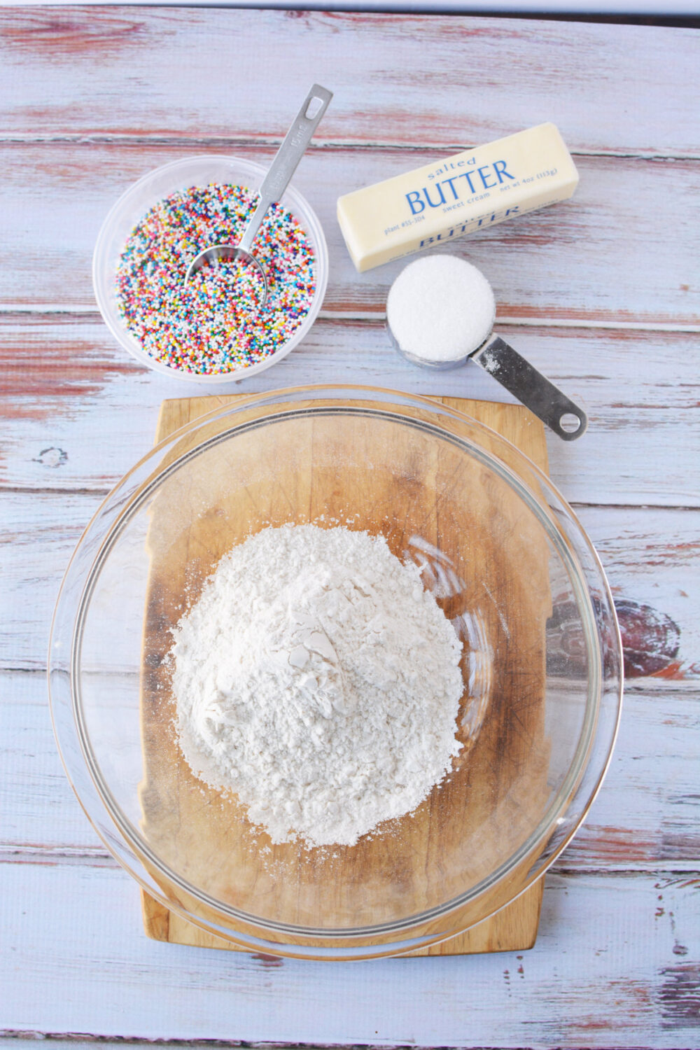 Sprinkles, butter, flour, and sugar. 