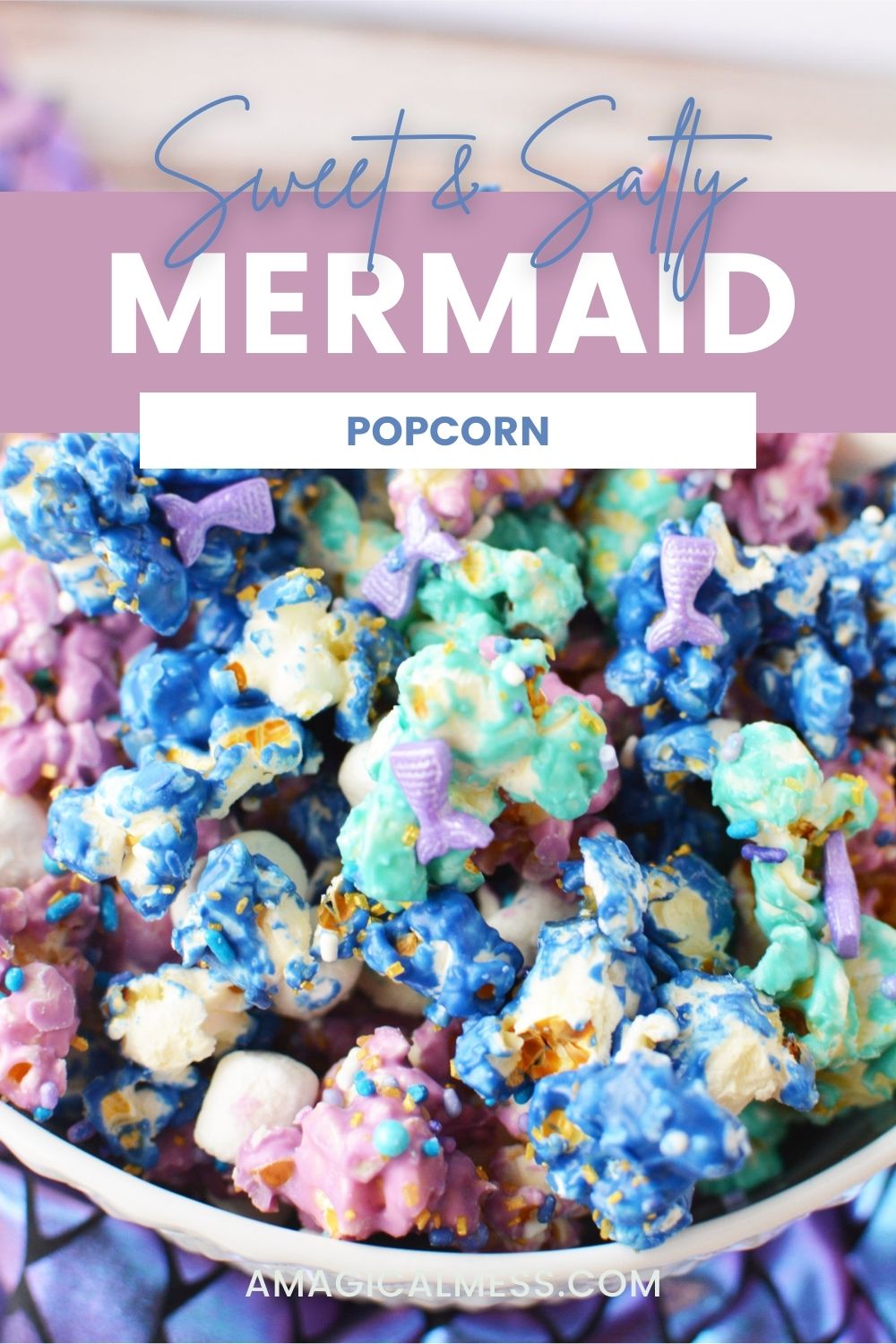 Mermaid popcorn with sprinkles in a bowl.