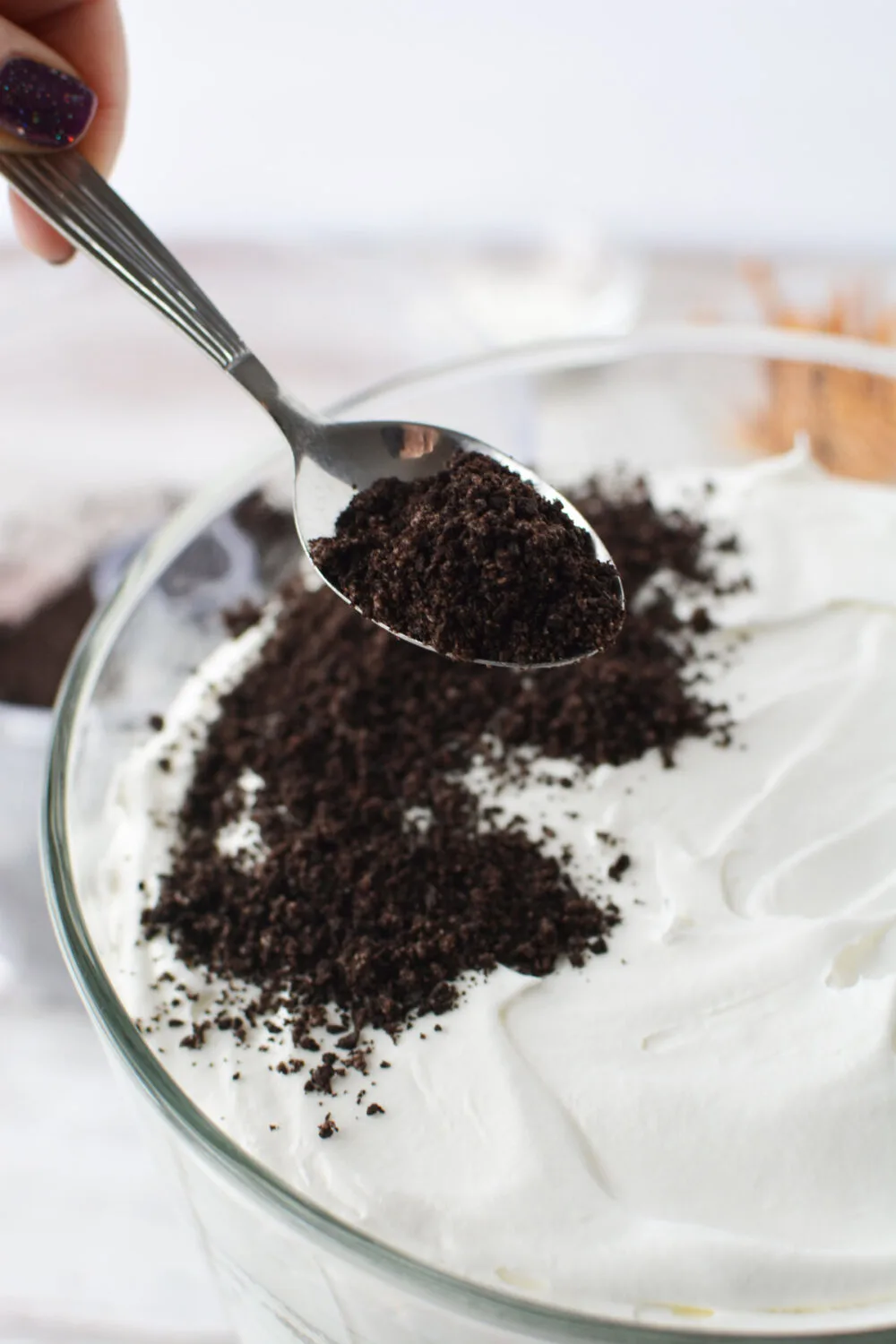 Finely crushed cookies to look like "dirt" on top of a trifle. 