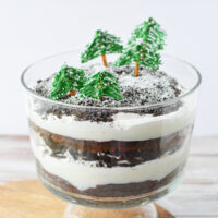 Winter trifle with edible green trees on top.