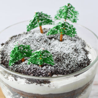 Chocolate winter trifle topped with edible trees and powdered sugar to look like snow.