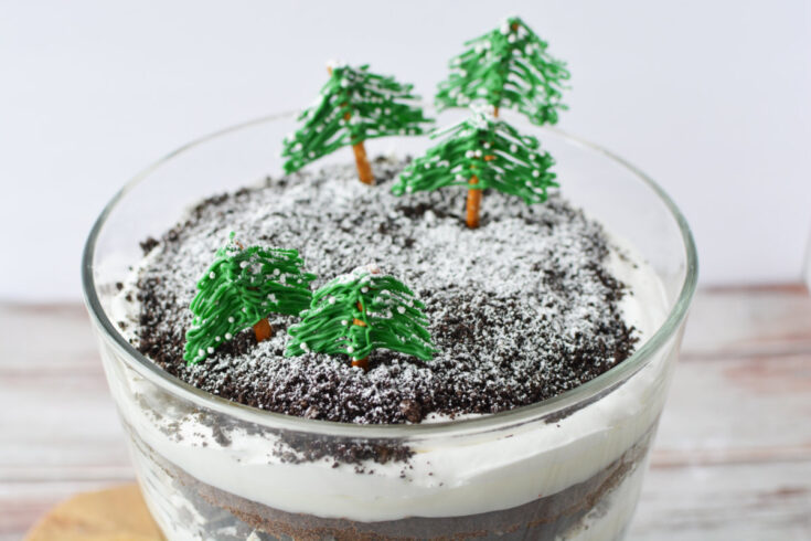 Chocolate winter trifle topped with edible trees and powdered sugar to look like snow.