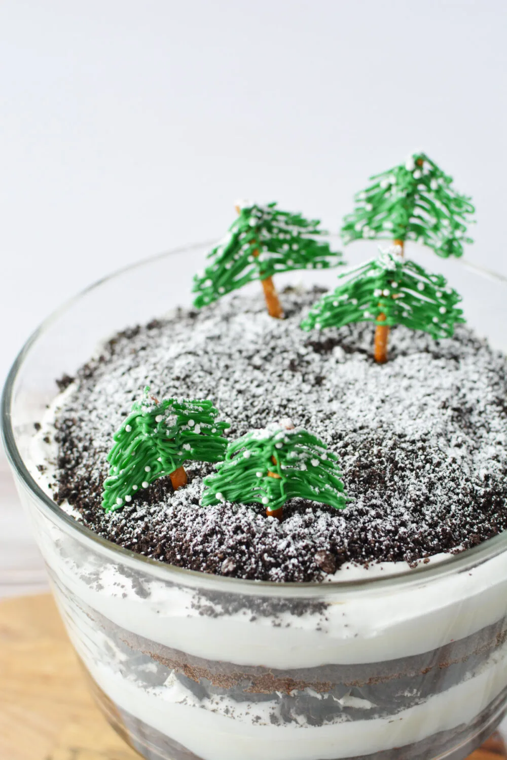Chocolate trifle with a winter wonderland topping of edible trees and powdered sugar snow. 