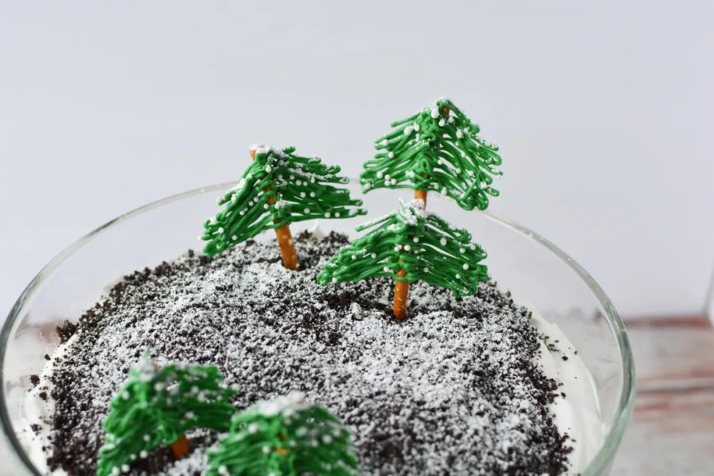 Pretzel trees on a chocolate trifle. 