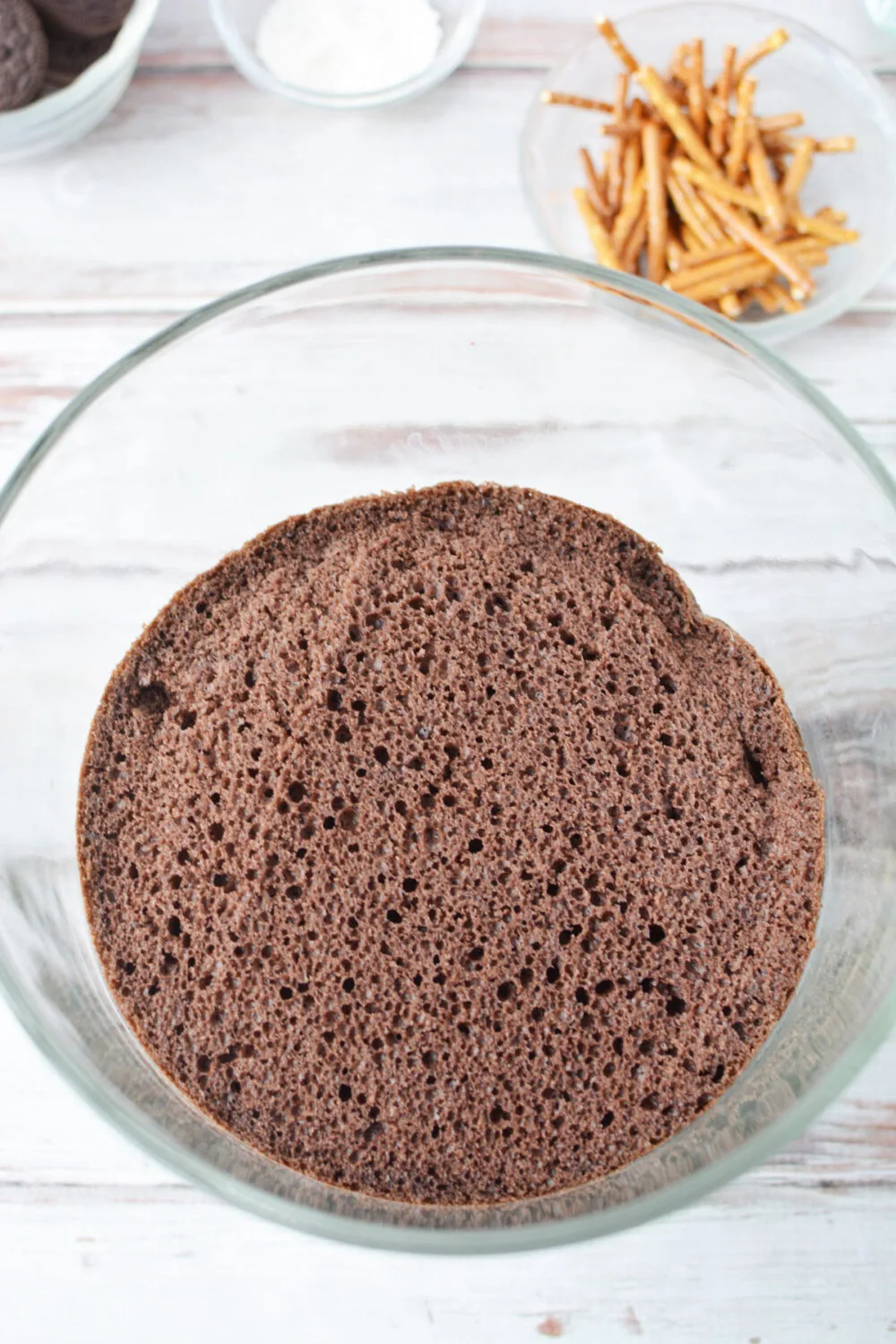 Chocolate cake round in a trifle bowl. 