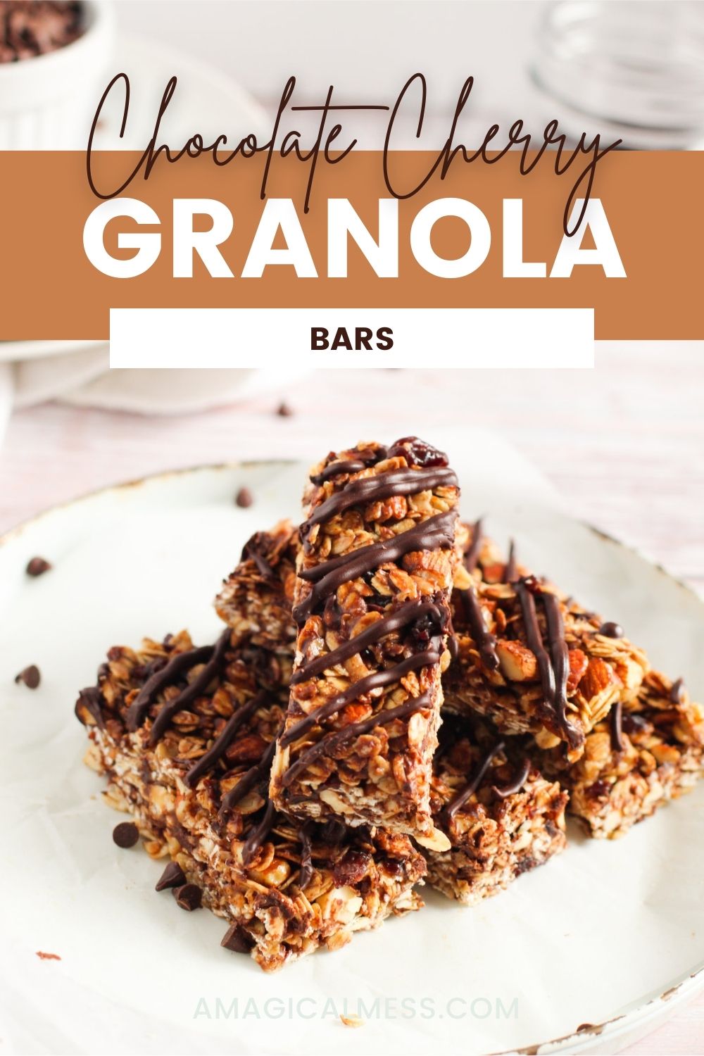 Pile of cherry chocolate granola bars on a plate. 