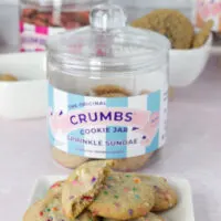 Sprinkle Sundae cookies on a plate by the cookie jar container.
