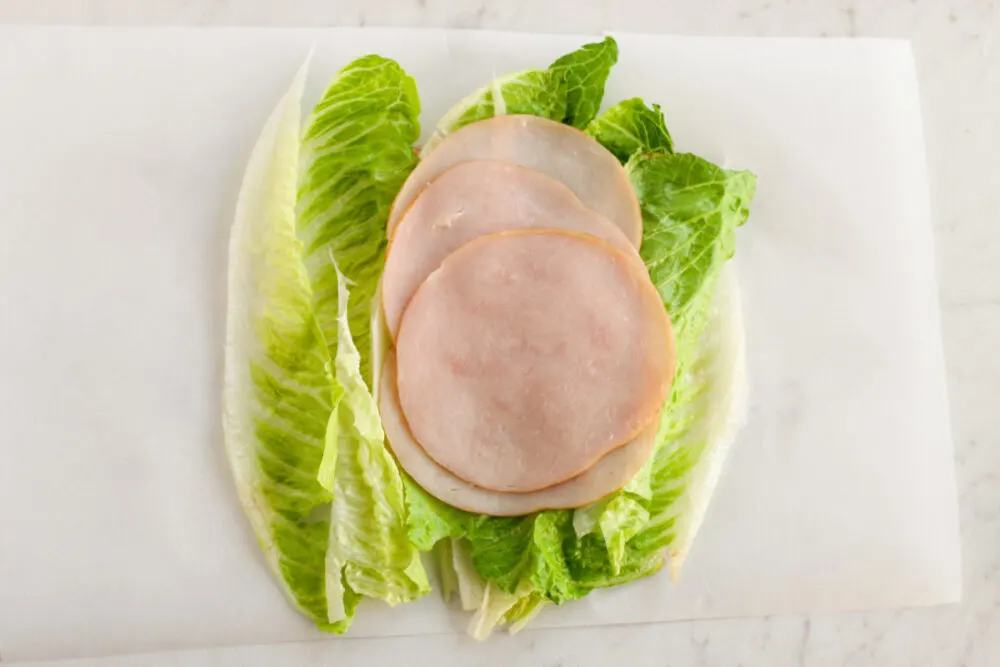 Slices of turkey on top of lettuce.