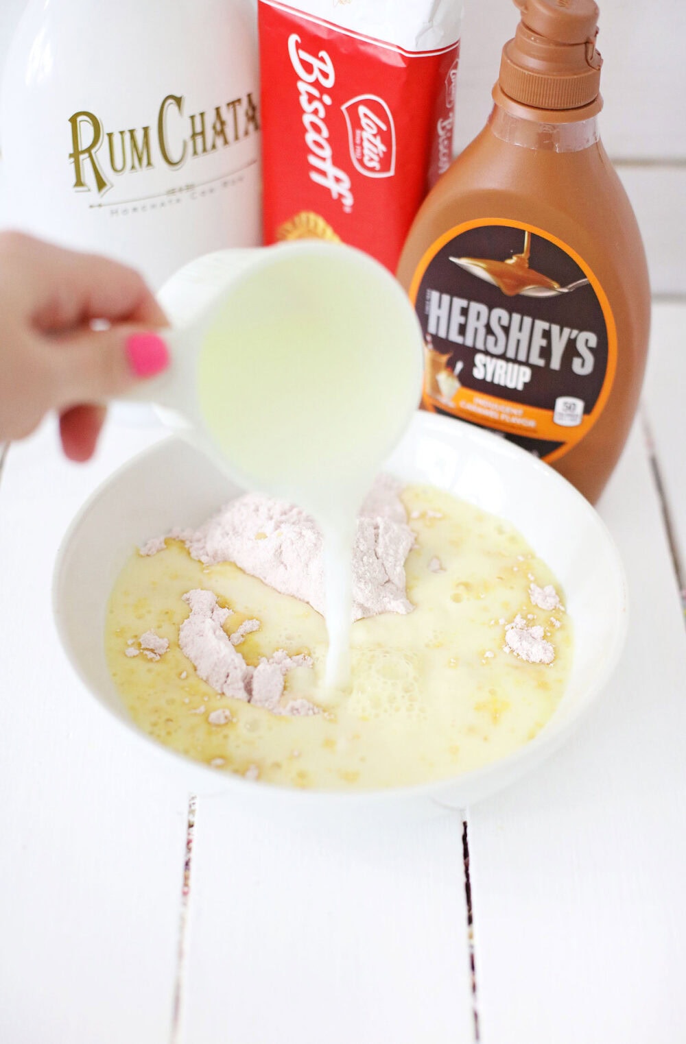 Pudding mixture in a bowl. 