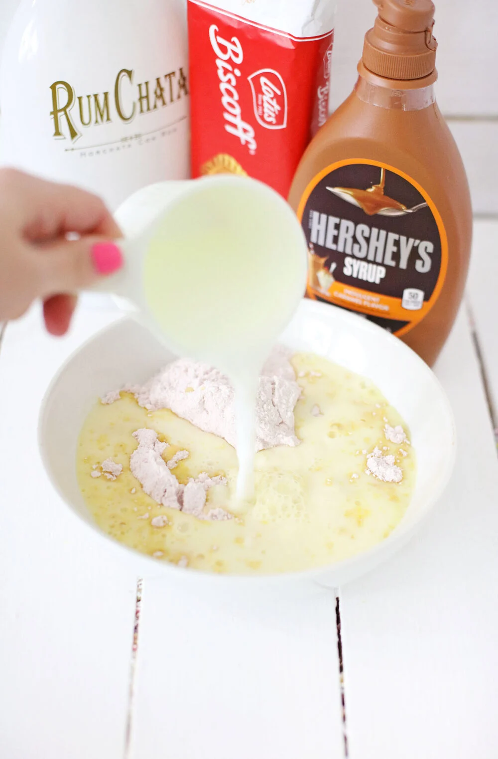 Pudding mixture in a bowl. 