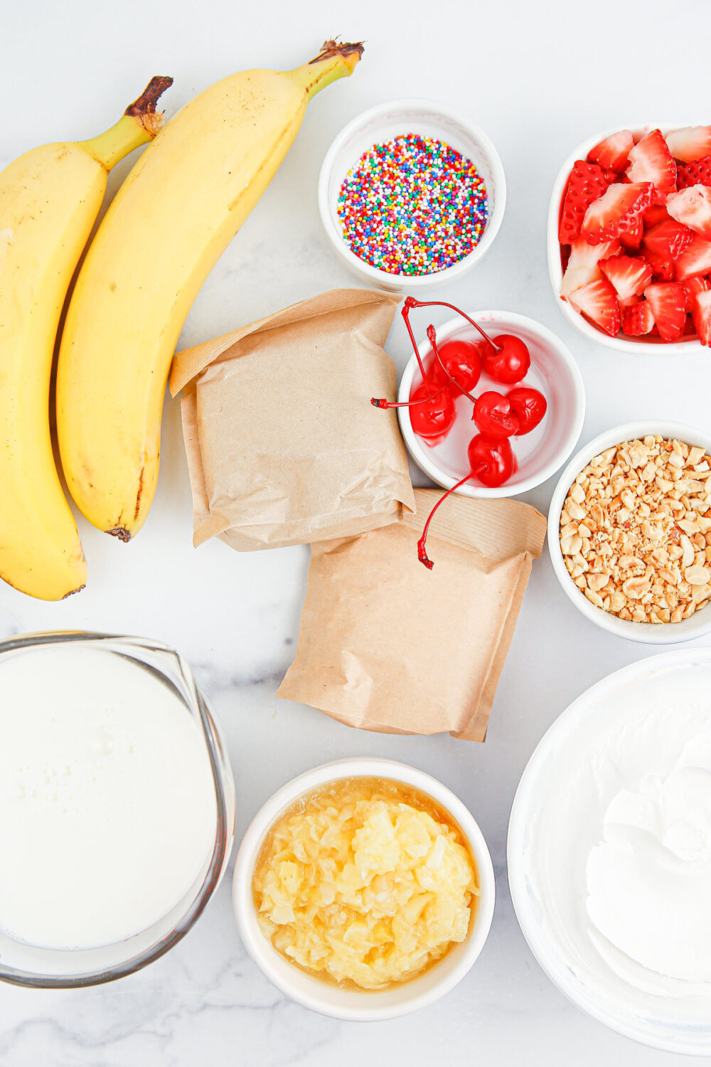 Bananas, sprinkles, cherries, pudding mixes, and other ingredients. 