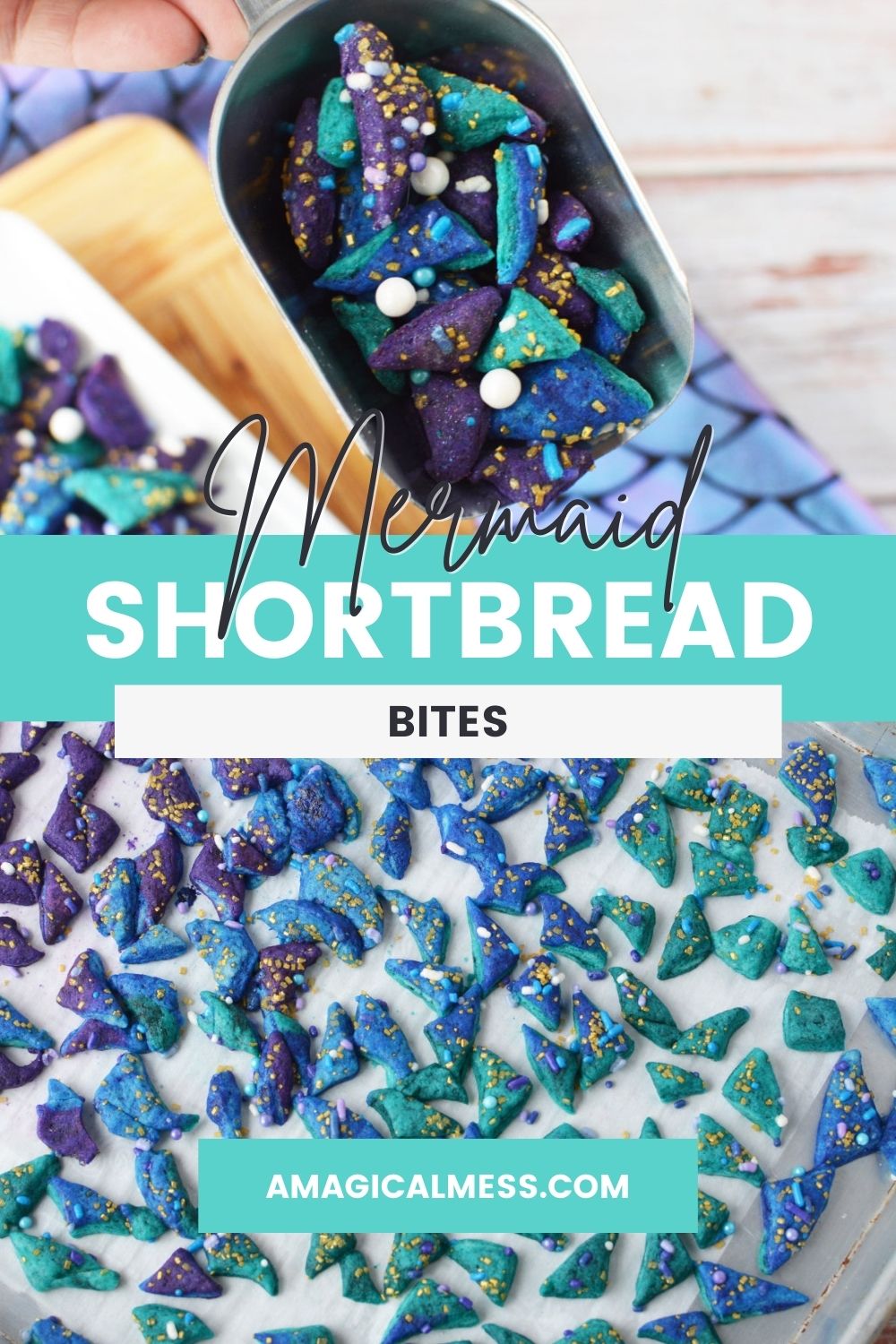 A little shovel full of mermaid shortbread bites and a baking sheet full of them.