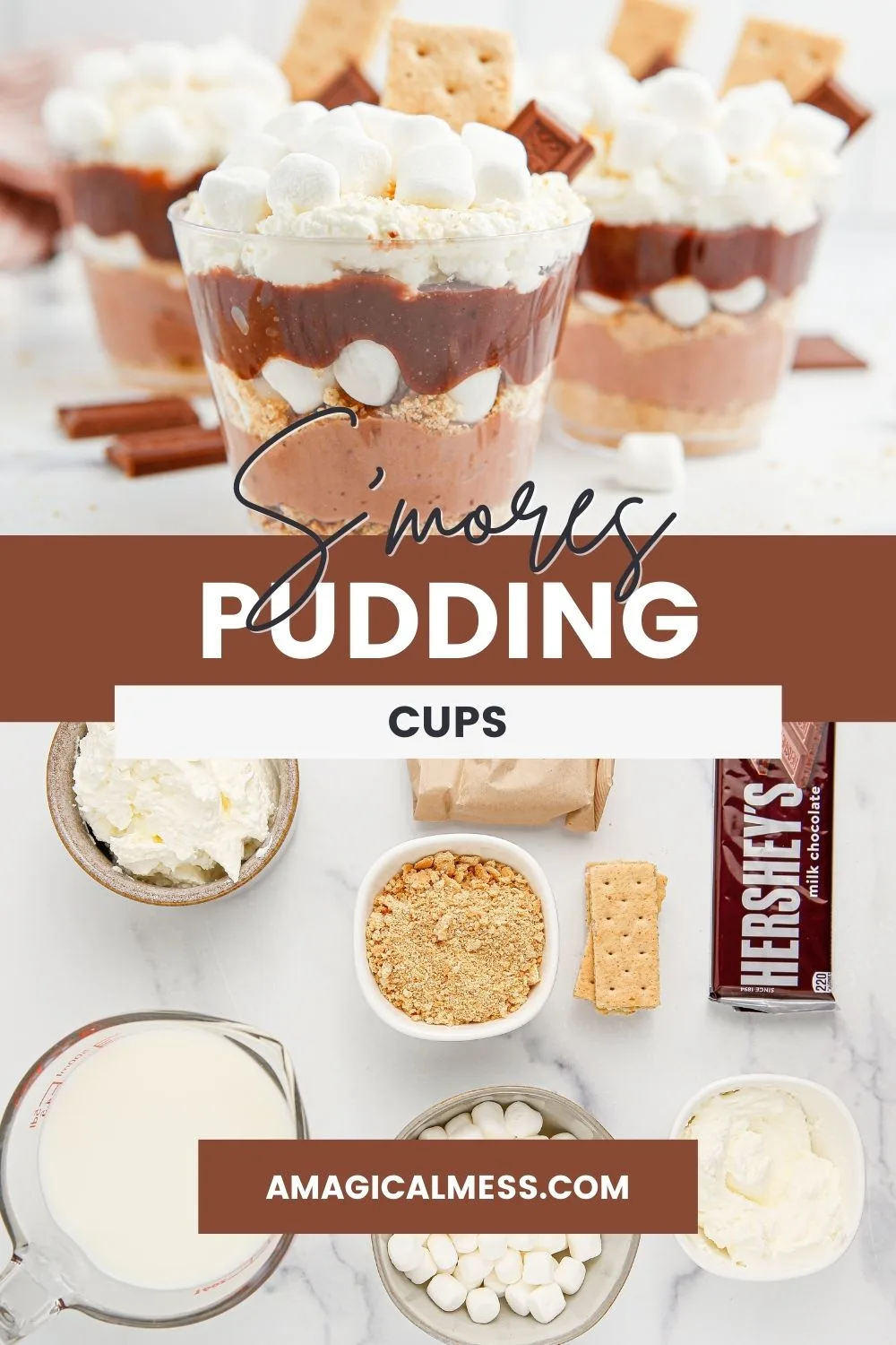 Ingredients and finished s'mores pudding cups.